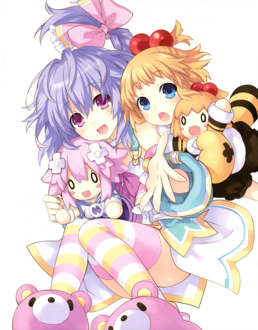 absurdres blonde_hair blue_eyes braid breasts character_doll choujigen_game_neptune fang hair_ornament highres long_hair looking_at_viewer multiple_girls neptune_(choujigen_game_neptune) neptune_(series) official_art open_mouth outstretched_hand pink pish purple_hair pururut slippers small_breasts smile striped striped_legwear stuffed_animal stuffed_toy tsunako very_long_hair