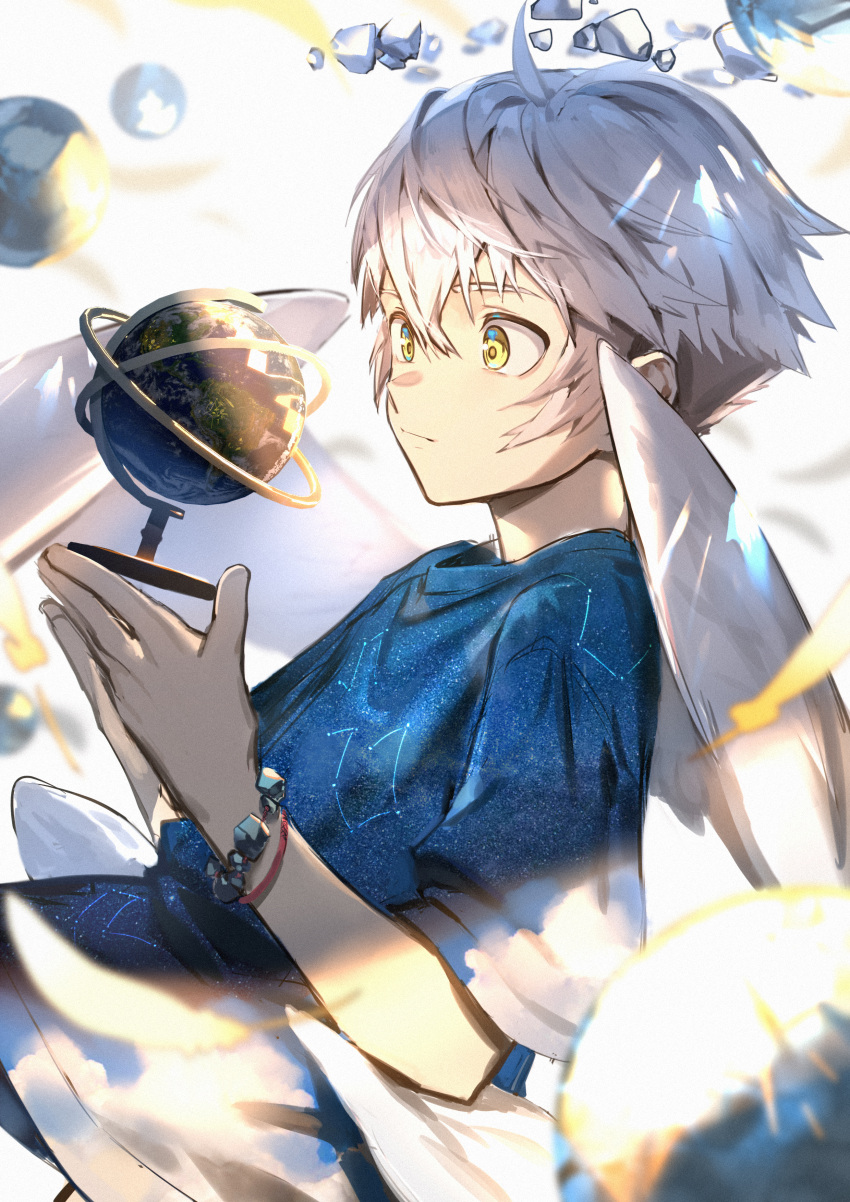1boy absurdres bracelet child closed_mouth globe highres holding jewelry light male_focus original solo solo_focus sora_(zwz030) white_background wings yellow_eyes