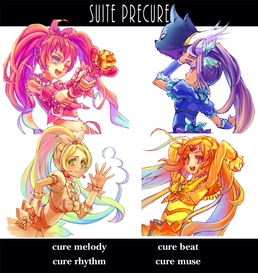 4girls aqua_eyes arms_up blonde_hair bow braid brown_eyes cat character_name choker circlet copyright_name cure_beat cure_melody cure_muse_(yellow) cure_rhythm earrings frills green_eyes heart highres houjou_hibiki jewelry kurokawa_eren long_hair magical_girl midriff minamino_kanade miracle_belltier multiple_girls navel orange_hair pink_bow pink_hair potepote precure purple_hair seiren_(suite_precure) shirabe_ako side_ponytail smile suite_precure twintails wand yellow_bow