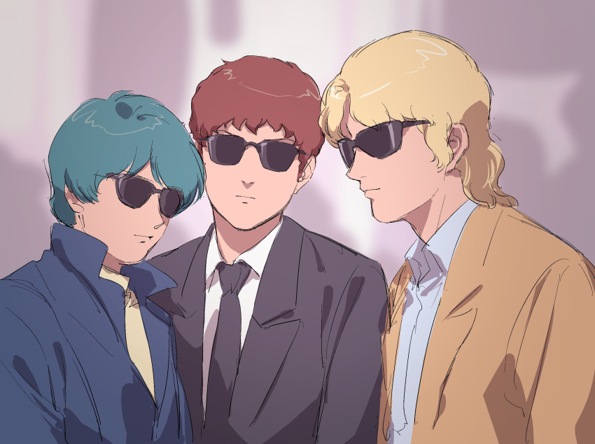 3boys amuro_ray blonde_hair blue_jacket brown_hair commentary_request formal glasses green_hair gundam highres jacket kamille_bidan multiple_boys necktie quattro_vageena suit sunglasses yone_f15 zeta_gundam