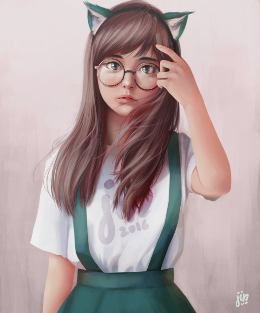 1girl absurdres animal_ears artist_name bangs cat_ears fake_animal_ears glasses green_skirt hairband highres huge_filesize jin jintawat_puttanawiboon lips looking_at_viewer nose original parted_lips realistic shirt simple_background skirt solo suspender_skirt suspenders tan_background white_shirt