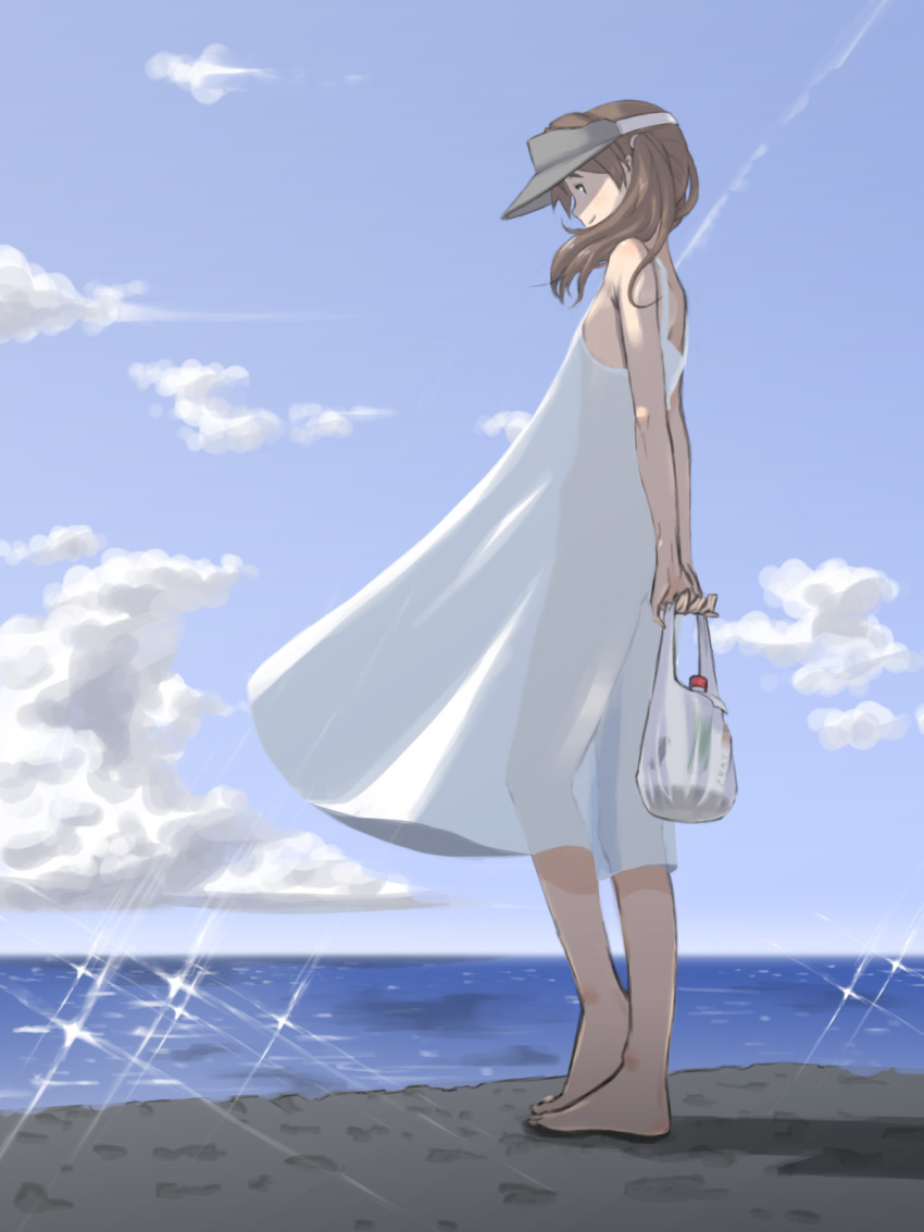 1girl arms_behind_back ass bag bare_arms bare_shoulders barefoot brown_eyes brown_hair clouds dress flat_ass flat_chest from_side grocery_bag hettsuaa highres kantai_collection looking_at_viewer ocean outdoors ryuujou_(kantai_collection) see-through_silhouette shopping_bag sky sleeveless sleeveless_dress smile solo sparkle sundress twintails visor_cap wind