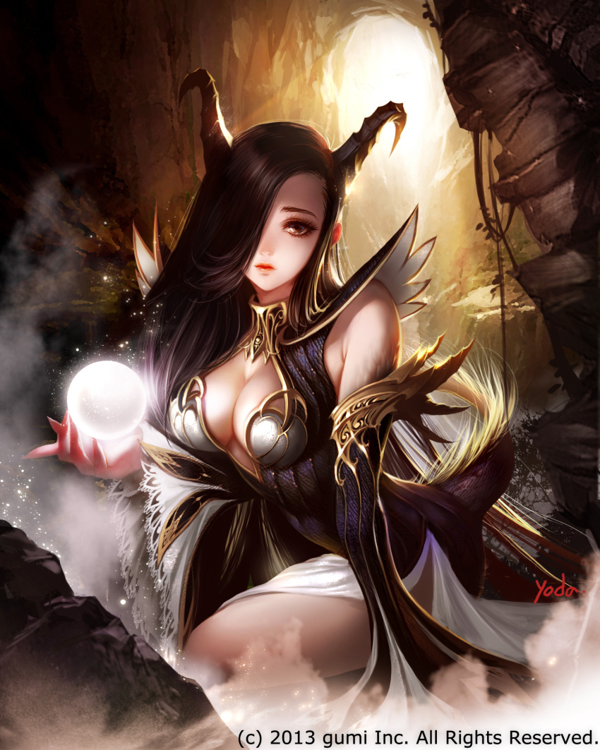 black_eyes black_hair breasts cave cleavage_cutout detached_sleeves expressionless hair_over_one_eye highres horns long_hair looking_at_viewer maboroshi_juuhime magic tail tree wide_sleeves yoda_(ayanamikodon)