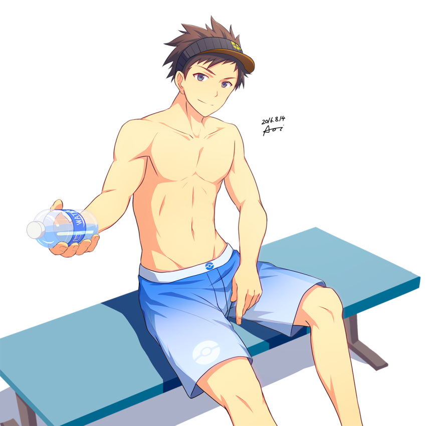 10s 1boy aoi_taishi bench blue_eyes bottle brown_hair dated highres male_focus male_protagonist_(pokemon_go) male_swimwear offering pokemon pokemon_go signature simple_background sitting smile solo swim_trunks swimwear visor_cap water_bottle white_background