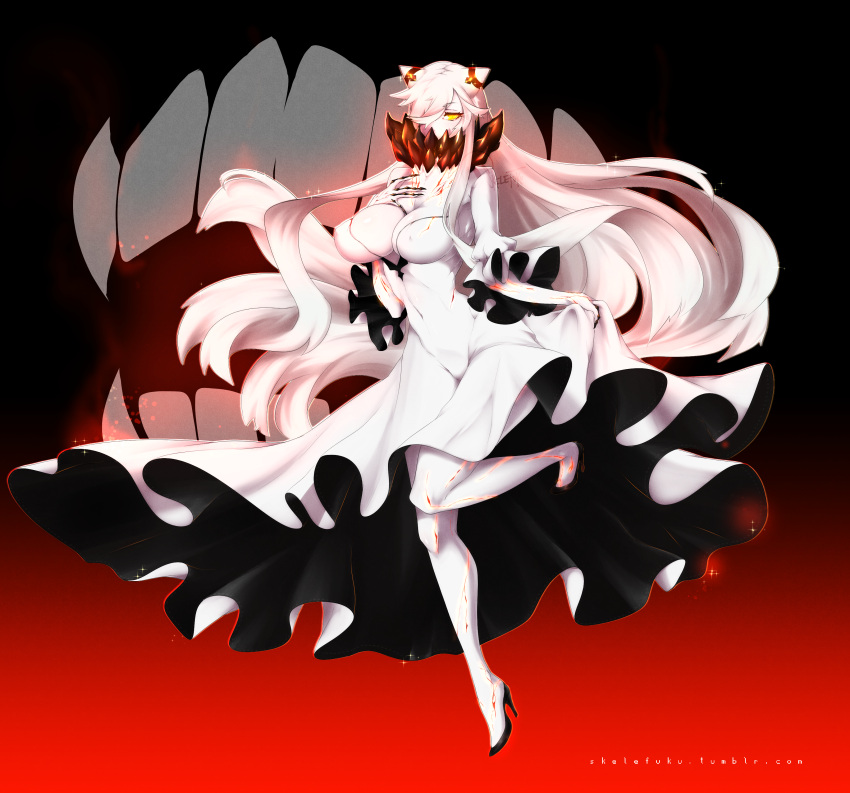 1girl absurdres breasts cleavage covered_mouth dress glowing glowing_eyes high_heels highres horns kantai_collection long_hair midway_hime shinkaisei-kan skelefuku solo very_long_hair white_dress white_hair white_skin