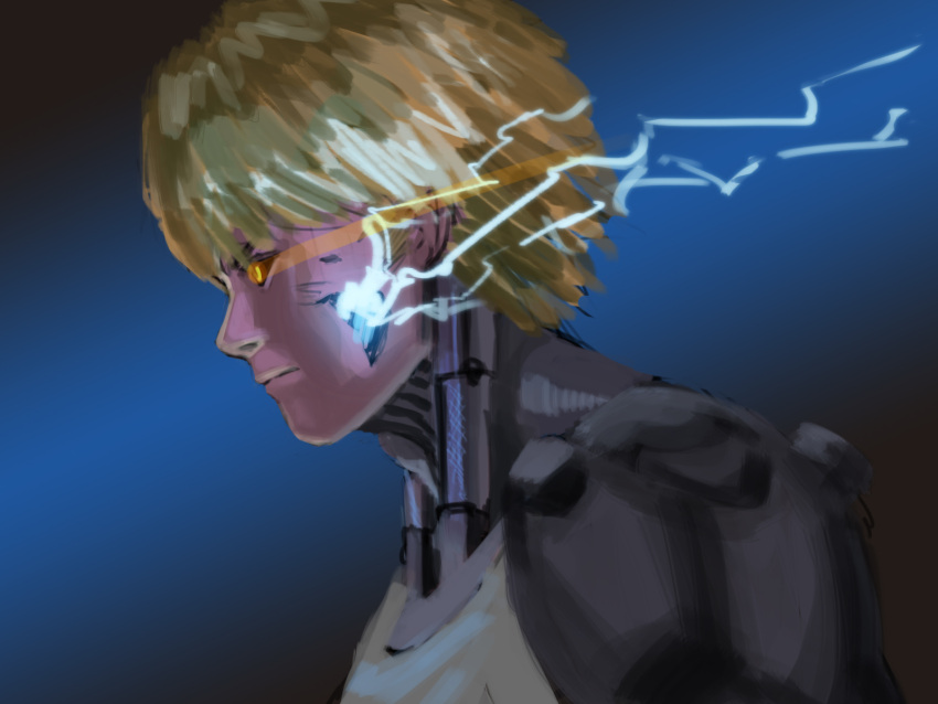 1boy android blonde_hair cyborg damaged electricity exposed from_side genos glowing_lines hettsuaa highres mechanical_parts one-punch_man original simple_background solo sparks yellow_eyes