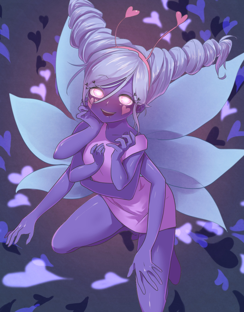 1girl @_@ alternate_form butterfly_wings disney drill_hair drooling extra_arms eyelashes glowing glowing_eyes hairband heart heart-shaped_pupils highres lavender_hair looking_at_viewer multiple_wings open_mouth pimgier pink_eyes purple_skin saliva smile solo star_butterfly star_butterfly_(mewberty) star_vs_the_forces_of_evil symbol-shaped_pupils twin_drills wings yandere_trance