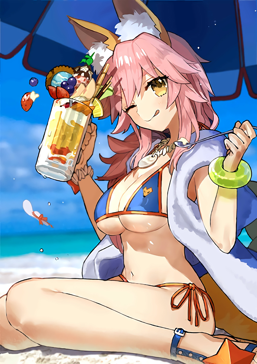 1girl ;p absurdres animal_ears beach bikini blush bracelet breasts cleavage eating fate/extra fate/grand_order fate_(series) food fox_ears highres ice_cream jewelry large_breasts long_hair looking_at_viewer midriff navel necklace ocean official_art one_eye_closed pink_hair sandals sitting smile solo sundae swimsuit tamamo_(fate)_(all) tamamo_no_mae_(swimsuit_lancer)_(fate) tongue tongue_out umbrella under_boob upscaled wada_aruko waifu2x yellow_eyes