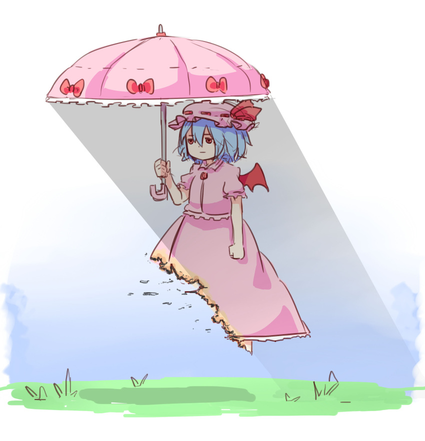 1girl :| absurdres bat_wings blank_stare blue_hair clenched_hand disintegration dress grass highres jitome red_eyes remilia_scarlet shadow solo sunlight touhou umbrella vampire wings yoruny