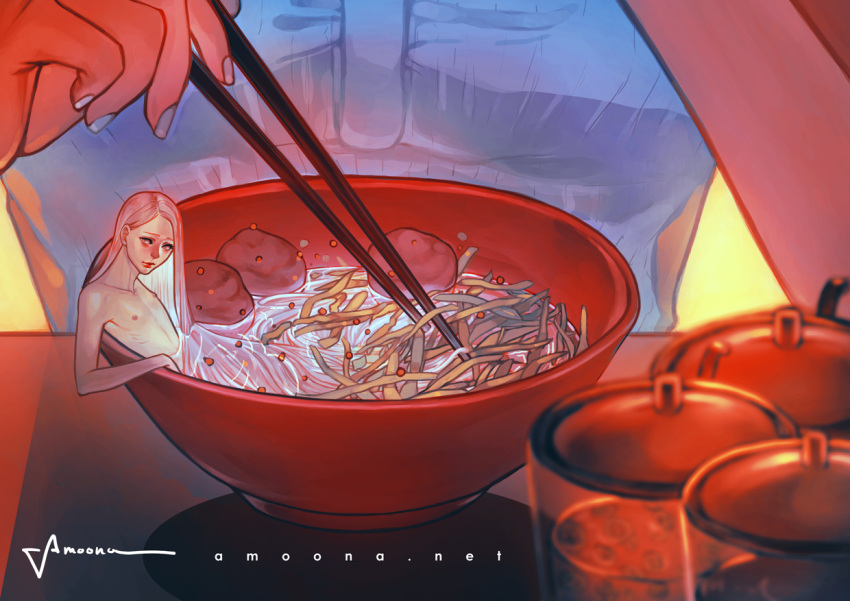 1boy amoona androgynous artist_name chopsticks food in_bowl in_container in_food long_hair miniboy nail_polish noodles original pink_eyes pink_hair shirtless sitting solo very_long_hair