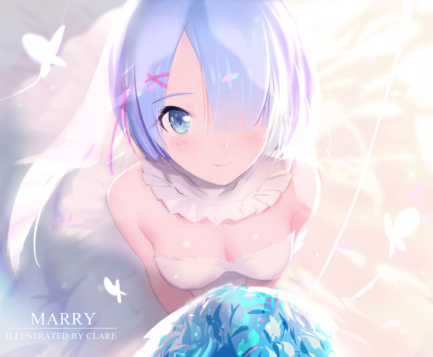 1girl alternate_hairstyle artist_name bad_id blue_eyes blue_flower blue_hair blush bouquet breasts butterfly clare_(543) cleavage closed_mouth confetti detached_collar dress flower from_above hair_ornament hair_over_one_eye hair_ribbon happy highres looking_at_viewer medium_breasts one_eye_covered pink_ribbon re:zero_kara_hajimeru_isekai_seikatsu rem_(re:zero) ribbon shade shiny shiny_skin short_hair silhouette smile solo strapless strapless_dress upper_body veil wedding_dress white_dress x_hair_ornament