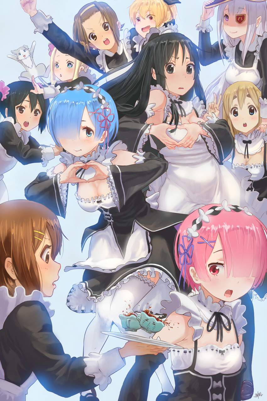 6+girls :d :o adapted_costume akiyama_mio alternate_costume animal apron arm_support arm_up bangs beatrice_(re:zero) black_eyes black_hair black_ribbon black_shoes blue_background blue_eyes blue_hair blunt_bangs blush bow breasts brown_eyes brown_hair cleavage clenched_hand closed_mouth clumsy cosplay crossover cup detached_sleeves dress emilia_(re:zero) eyelashes eyepatch fang felt_(re:zero) flower-shaped_pupils frilled_apron frilled_sleeves frills hair_between_eyes hair_ornament hair_over_one_eye hair_ribbon hair_slicked_back hairband hairclip hand_on_another's_shoulder hand_on_headwear hand_up hat heart heart_hands highres hirasawa_yui holding holding_tray k-on! knees_together_feet_apart kono_subarashii_sekai_ni_shukufuku_wo! kotobuki_tsumugi long_hair long_sleeves looking_at_viewer maid maid_apron medium_breasts megumin megumin_(cosplay) moe_moe_kyun! multiple_girls nakano_azusa neck_ribbon one_eye_covered open_mouth outstretched_arms pack_(re:zero) pink_hair pink_ribbon ponytail profile ram_(re:zero) re:zero_kara_hajimeru_isekai_seikatsu red_eyes rem_(re:zero) rem_(re:zero)_(cosplay) ribbon ribbon_trim seiyuu_connection shade shoes short_eyebrows short_hair siblings signature silver_hair sisters small_breasts smile spill steamy_tomato surprised tainaka_ritsu takahashi_rie tea teacup thigh-highs tray twins twintails underbust v very_long_hair violet_eyes waist_apron white_apron white_bow white_legwear wide_sleeves witch_hat x_hair_ornament
