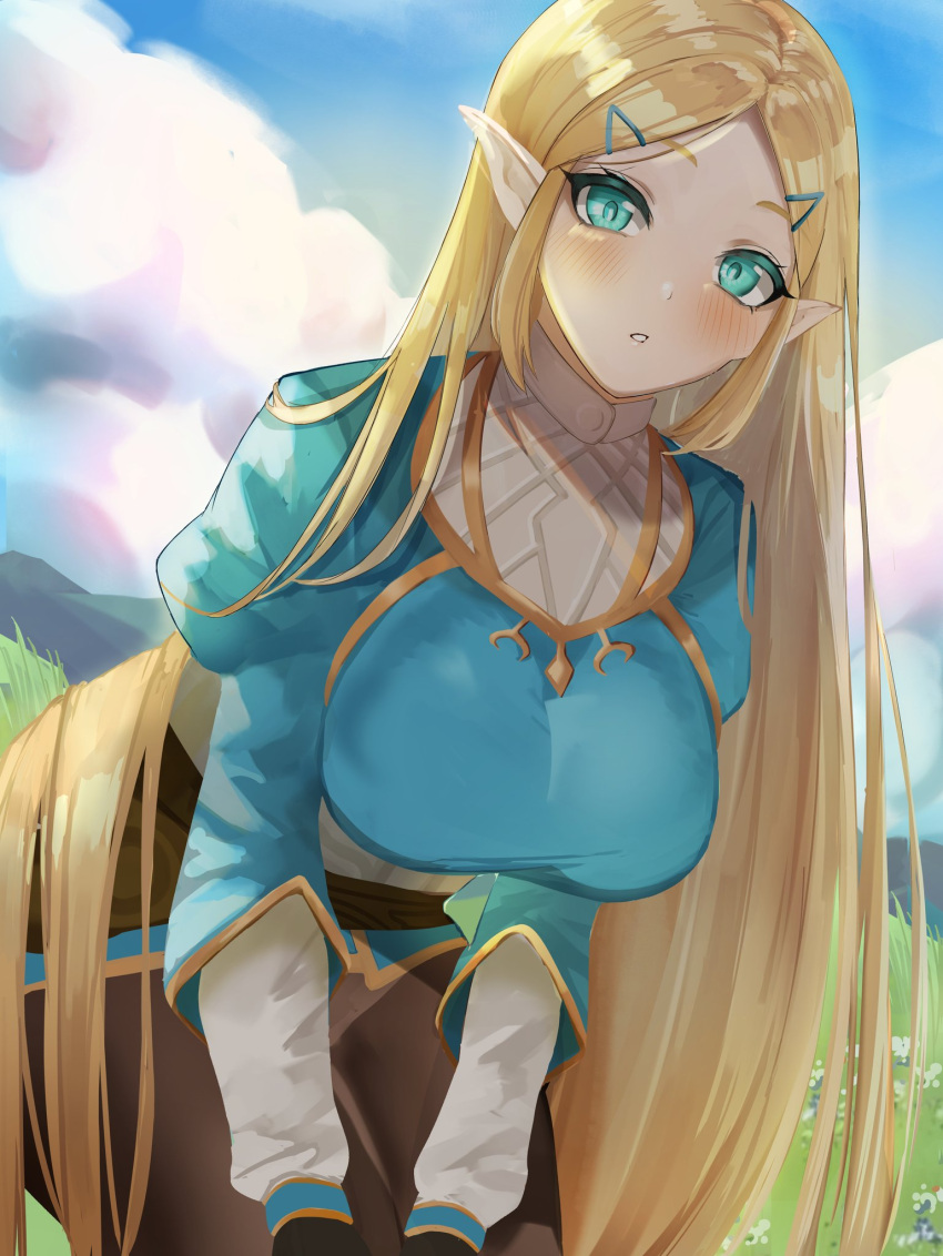 1girl aqua_eyes bangs bent_over blonde_hair blush breasts clouds cloudy_sky commentary hair_ornament hairclip highres large_breasts long_hair pants parted_bangs parted_lips pointy_ears princess_zelda puffy_sleeves sennei shirt sky solo taut_clothes taut_shirt the_legend_of_zelda the_legend_of_zelda:_breath_of_the_wild very_long_hair