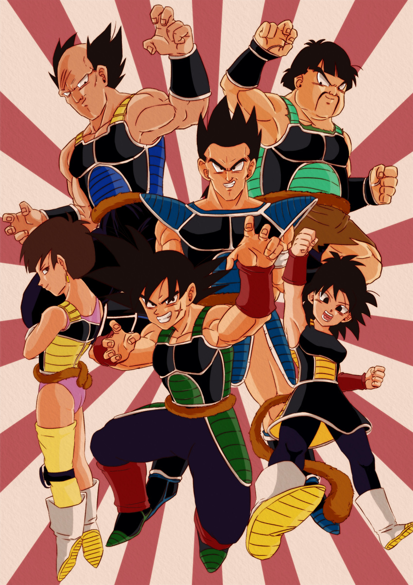 bald bardock black_eyes black_hair boots brown_eyes brown_hair clenched_hands crossed_arms dragon_ball dragon_ball_z dragonball_z earrings facial_hair fighting_stance floating gine grin highres jewelry leotard messy_hair monkey_tail muscle mustache open_mouth panbukin_(dragon_ball) scar scar_on_cheek seripa short_hair skirt smile tail toma_(dragon_ball) tondamanuke toteppo white_boots wristband