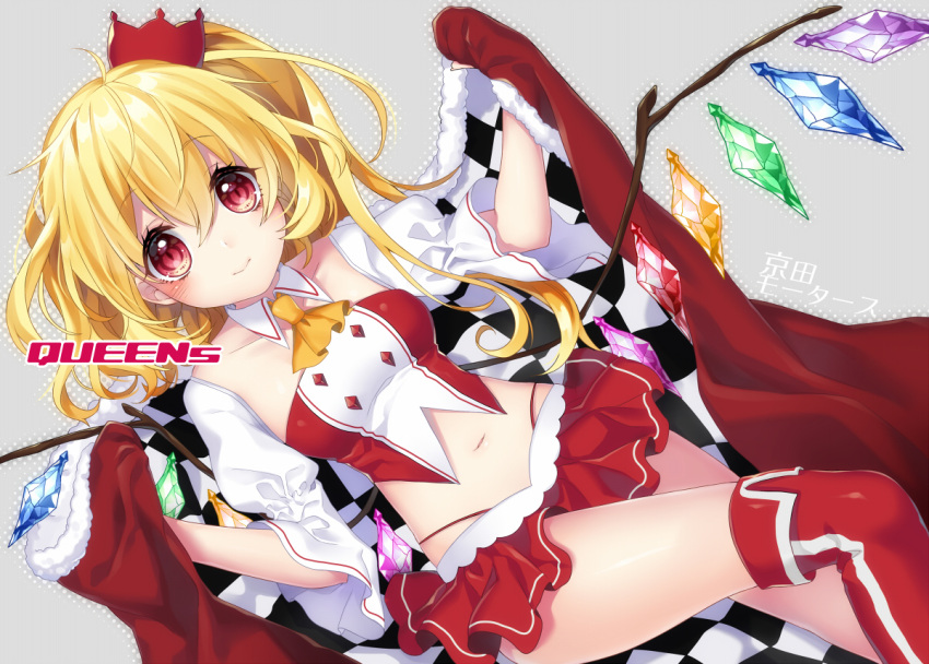 1girl adapted_costume bangs blush breasts checkered closed_mouth collarbone cravat crop_top crown crystal dappled_sunlight dutch_angle eyebrows_visible_through_hair eyelashes fingernails flandre_scarlet fur_trim grey_background hair_between_eyes hair_ornament highleg highleg_panties holding knee_up kyouda_suzuka long_hair looking_at_viewer midriff miniskirt navel over-kneehighs panties pleated_skirt polka_dot puffy_sleeves racequeen red_cloak red_eyes red_legwear red_panties red_skirt shiny shiny_hair skirt slit_pupils small_breasts smile solo stomach sunlight thigh-highs touhou underwear wings