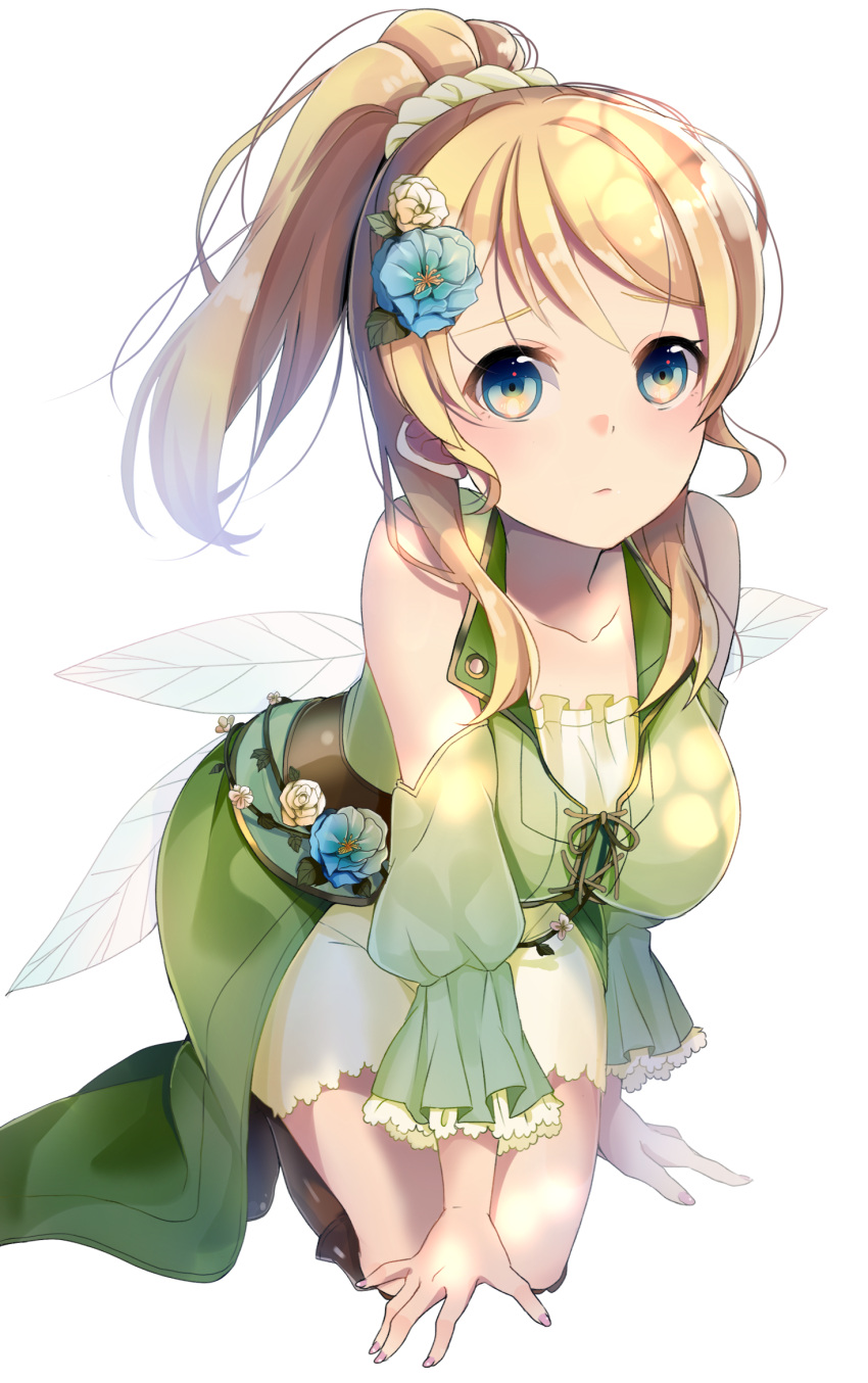 1girl alternate_costume ayase_eli bangs belt blonde_hair blue_eyes blue_flower blush boots breasts brown_boots closed_mouth collarbone cross-laced_clothes detached_sleeves fairy_wings flower frills full_body hair_between_eyes hair_flower hair_ornament hair_scrunchie highres kneeling long_hair looking_at_viewer love_live! love_live!_school_idol_project medium_breasts miu91_(miu91_) nail_polish open_\m/ pink_nails plant ponytail rose scrunchie sidelocks simple_background solo vines white_background white_rose wings