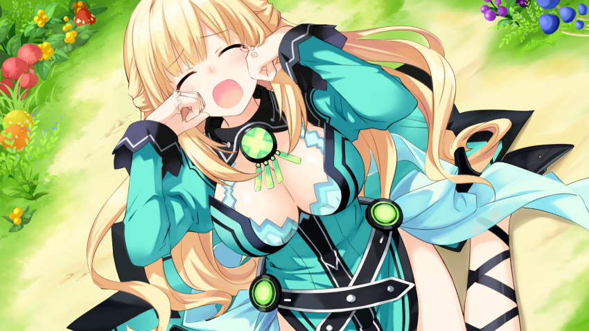 1girl blonde_hair breasts choujigen_game_neptune cleavage closed_eyes crying game_cg highres large_breasts long_hair neptune_(series) official_art open_mouth solo tears tsunako vert