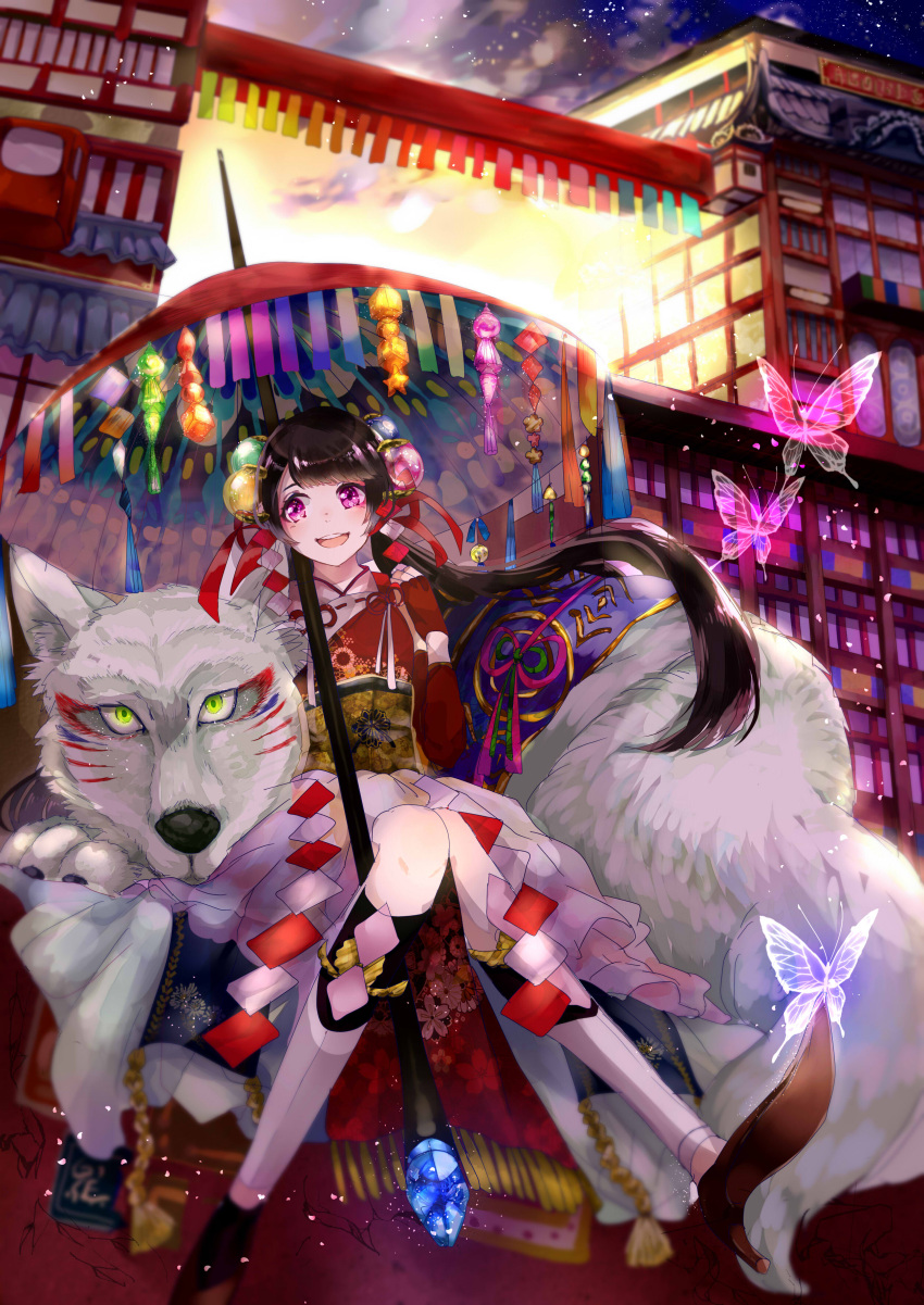 1girl :d absurdres architecture brown_hair building butterfly east_asian_architecture hair_ornament highres kneehighs long_hair looking_at_viewer nanaponi open_mouth original outdoors parasol pink_eyes smile umbrella