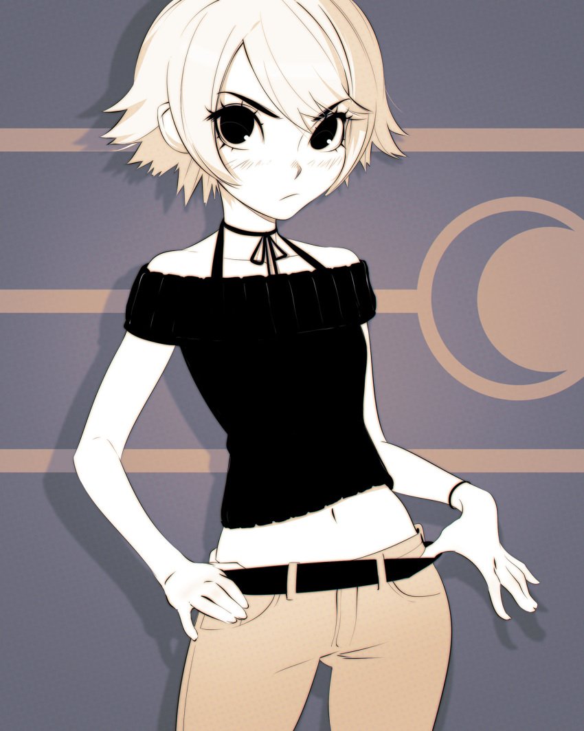 1girl bangs bare_shoulders belt belt_buckle blonde_hair blush bracelet buckle closed_mouth collarbone contrapposto cowboy_shot crop_top eyebrows eyebrows_visible_through_hair halterneck hand_on_hip hands_on_hips highres hips ilya_kuvshinov jewelry limited_palette looking_at_viewer midriff monochrome navel off_shoulder original pants serious short_hair solo standing stomach swept_bangs white_skin
