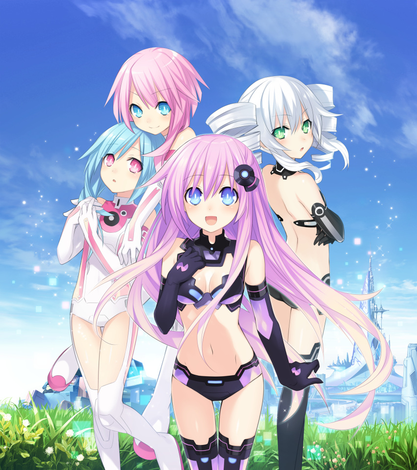 4girls :d :o absurdres back bare_shoulders bikini black_gloves black_sister blue_eyes blue_hair blush bodysuit boots breasts building choujigen_game_neptune choujigen_game_neptune_mk2 cleavage cleavage_cutout day drill_hair elbow_gloves emblem female flower gloves gradient_hair grass green_eyes hair_ornament hand_on_own_chest hands_together highres huge_filesize light_particles long_hair looking_at_viewer looking_back midriff multicolored_hair multiple_girls navel nepgear neptune_(series) official_art open_mouth outdoors pink_eyes pink_hair power_symbol purple_hair purple_sister ram_(choujigen_game_neptune) rom_(choujigen_game_neptune) siblings smile standing swimsuit symbol-shaped_pupils thigh-highs thigh_gap tsunako twin_drills twins twintails uni_(choujigen_game_neptune) very_long_hair white_gloves white_hair white_sister_ram white_sister_rom