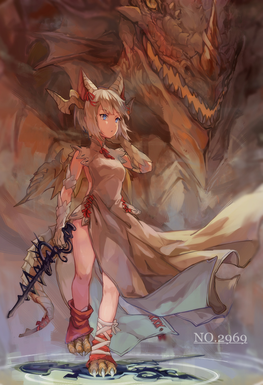 1girl :o ankle_lace-up arm_at_side bangs blue_eyes breasts claws clock cross-laced_clothes cross-laced_footwear dragon dragon_ears dragon_girl dragon_horns dragon_tail dragon_wings dress dust einri extra_ears full_body gauntlets giant hair_ribbon hand_on_own_head hand_up highres holding holding_sword holding_weapon horns leg_ribbon leg_warmers long_dress looking_away myr_(p&amp;d) number pelvic_curtain puzzle_&amp;_dragons red_ribbon ribbon ripples short_hair small_breasts sword tail walking weapon white_dress white_hair white_ribbon wind wings