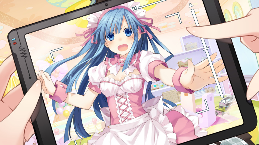1girl absurdres blue_hair blush choujigen_game_neptune game_cg hair_ornament highres long_hair looking_at_viewer mages. mole mole_under_eye neptune_(series) official_art open_mouth solo_focus tablet_pc tsunako