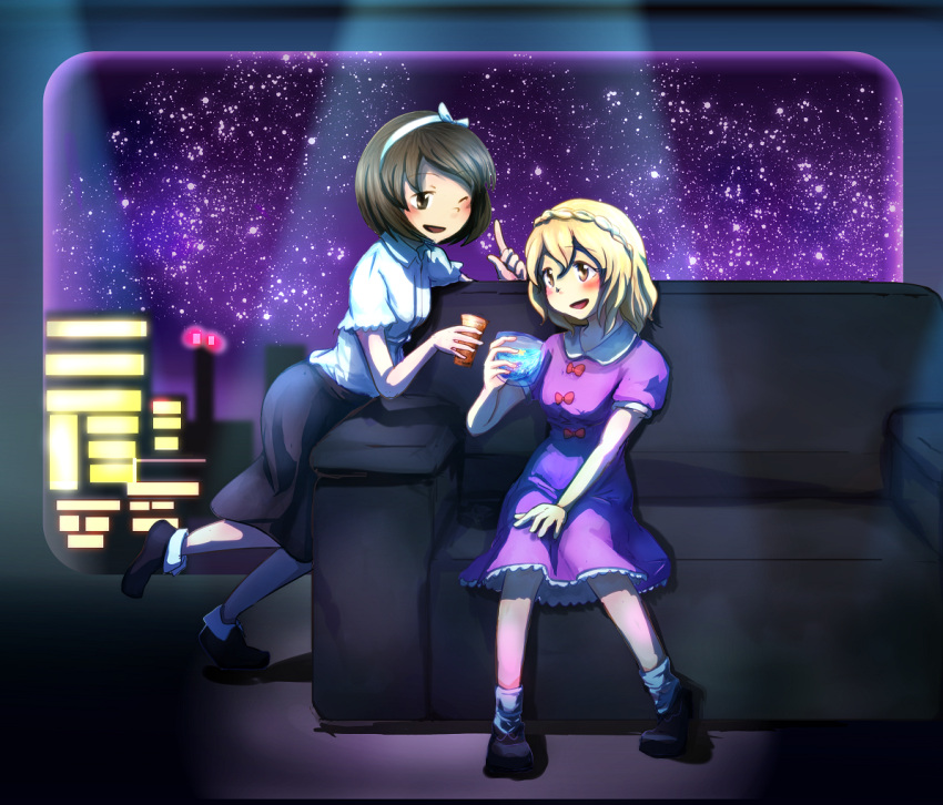 2girls :d ;d black_shoes black_skirt blonde_hair blush bow brown_eyes brown_hair building closed_eyes collared_shirt commentary_request couch cup dateless_bar_"old_adam" dress drinking_glass frilled_shirt frills hair_ribbon leaning_on_object looking_at_another maribel_hearn minus_(sr_mineka) multiple_girls night night_sky no_hat no_headwear one-eyed one_eye_closed open_mouth pointing pointing_up purple_dress red_bow ribbon shirt shoes short_hair skirt sky smile star_(sky) starry_sky touhou usami_renko white_legwear white_ribbon white_shirt yellow_eyes