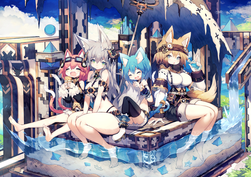 4girls :d ^_^ animal_ears arm_belt armband barefoot black_legwear black_shorts blonde_hair blue_eyes blue_hair blush boots bottle breasts cat_tail closed_eyes closed_mouth clouds eyebrows eyebrows_visible_through_hair fang food fox_ears fox_tail frown full_body green_eyes grey_hair hair_between_eyes hair_ornament head_tilt headband holding holding_food index_finger_raised large_breasts long_hair long_sleeves looking_at_viewer mamuru medium_breasts multiple_girls multiple_tails navel open_mouth orange_hair original outdoors platform_footwear short_shorts shorts sitting smile tail thick_thighs thigh-highs thighs umbrella water white_boots