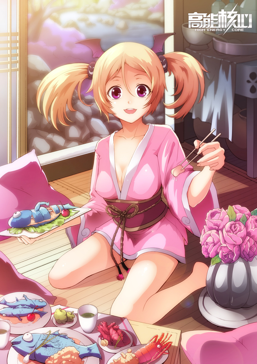 1girl blonde_hair breasts chopsticks cleavage collarbone cup erect_nipples fish food full_body giving highres holding holding_food indoors japanese_clothes kimono looking_at_viewer obi on_floor open_mouth original pillow pink_kimono plate sash short_kimono short_twintails sitting smile solo tanchamh tray twintails violet_eyes wooden_floor