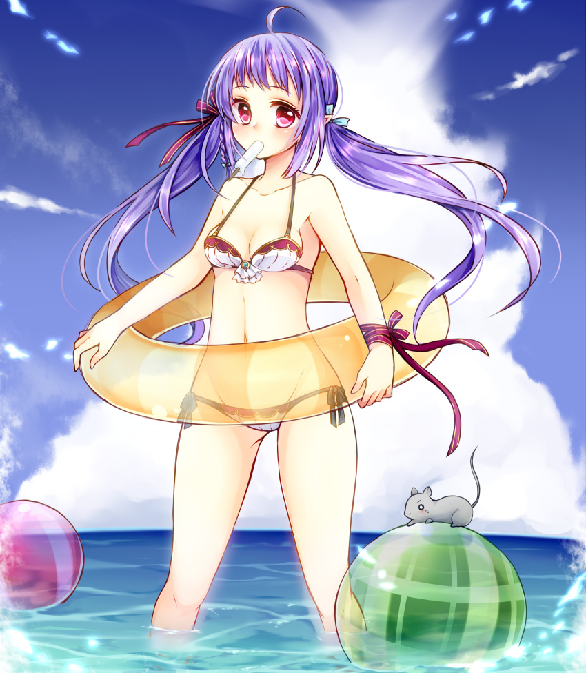 1girl animal ball bare_shoulders beachball bikini blush braid breasts clouds collarbone eating hair_ribbon highres innertube kanataww long_hair looking_at_viewer melting mouse mouth_hold navel ocean original outdoors pink_eyes pointy_ears popsicle purple_hair ribbon side-tie_bikini single_braid sky solo swimsuit tail_raised twintails wading water wrist_ribbon