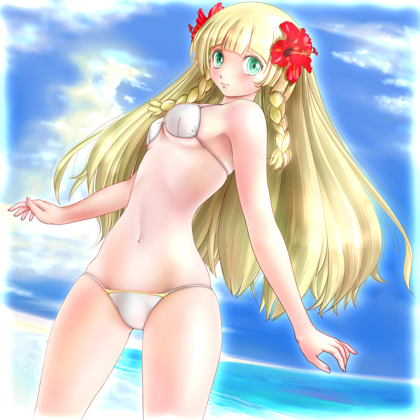 10s 1girl bikini blonde_hair blush breasts female lillie_(pokemon) miharin nintendo pokemon pokemon_sm solo