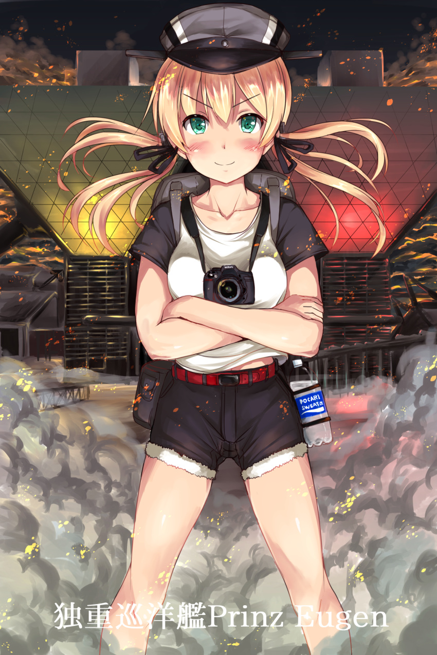 &gt;:) 1girl alternate_costume aqua_eyes backpack bag bangs belt black_shorts blonde_hair blue_eyes blush bottle breasts camera casual closed_mouth collarbone comiket commentary_request crossed_arms cutoffs eyebrows eyebrows_visible_through_hair fanny_pack floating_hair fur_trim gunbuster_pose hair_ornament hat highres ichikawa_feesu kantai_collection legs_apart long_hair low_twintails medium_breasts military_hat nikon_(company) peaked_cap pocari_sweat pose prinz_eugen_(kantai_collection) product_placement raglan_sleeves railing revision shirt short_sleeves shorts sky smile smoke solo t-shirt tokyo_big_sight translation_request twintails water water_bottle