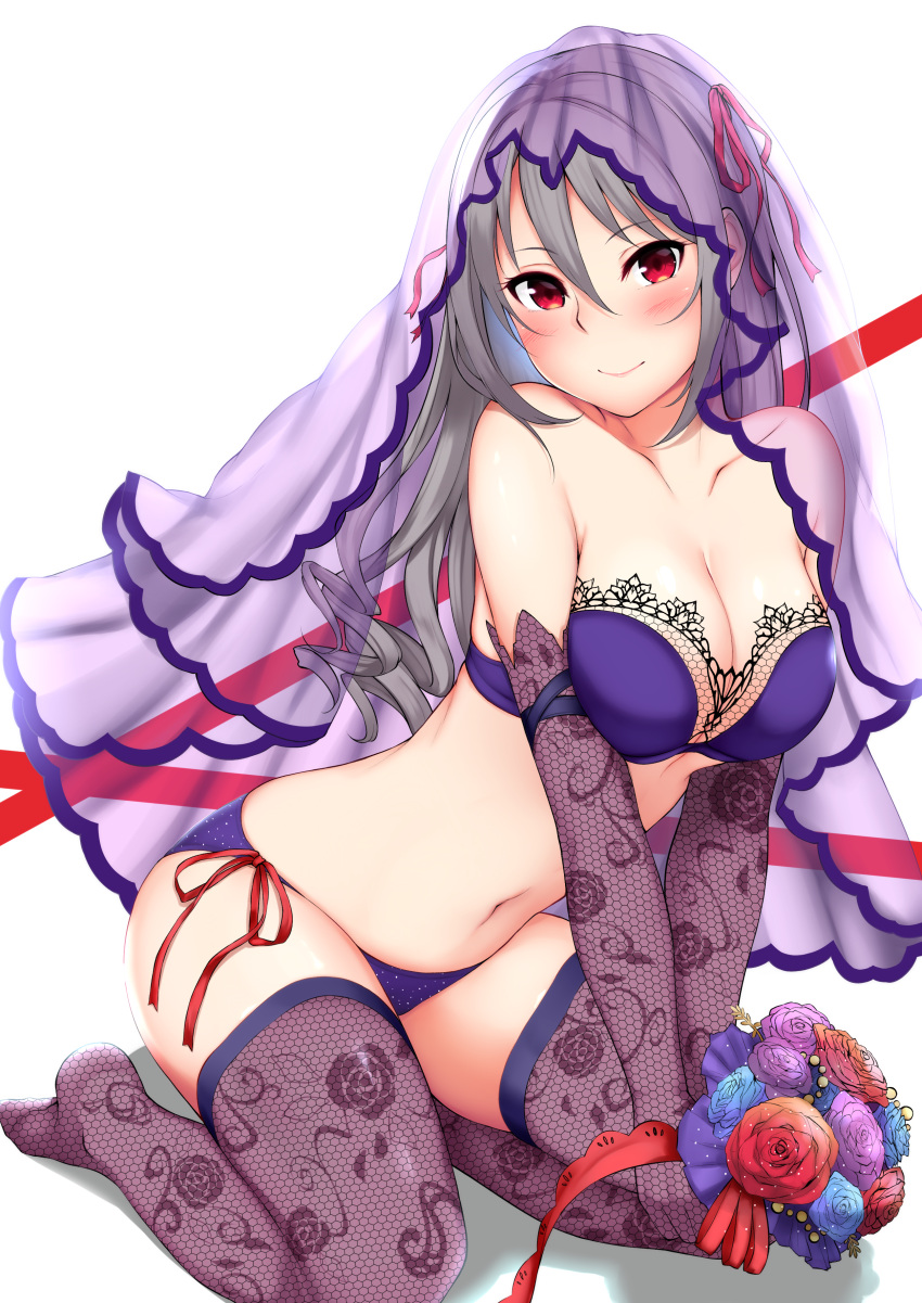 1girl absurdres adapted_costume bare_shoulders bikini blush bouquet breasts bridal_veil bride cleavage commentary_request elbow_gloves fishnet_gloves fishnet_legwear fishnets floral_print flower gloves gothic_lolita hair_down highres idolmaster idolmaster_cinderella_girls kanzaki_ranko kneeling lace lace-trimmed_bikini lolita_fashion long_hair looking_at_viewer no_shoes oogatazin print_gloves print_legwear red_eyes silver_hair simple_background smile solo swimsuit thigh-highs veil
