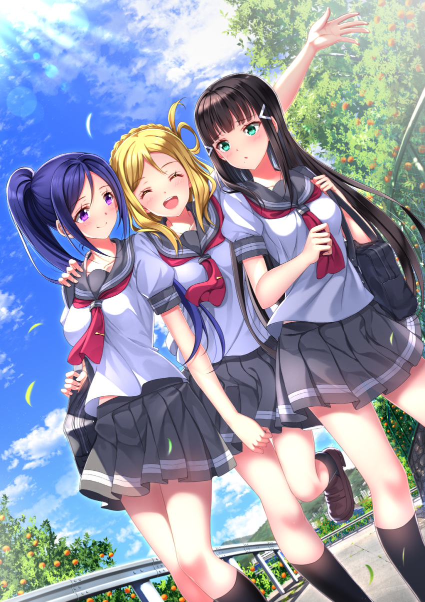 3girls :d :o ^_^ bag bangs black_legwear black_skirt blonde_hair blue_hair blunt_bangs blush brown_hair chain-link_fence closed_eyes dutch_angle fence food fruit girl_sandwich green_eyes guard_rail hair_ornament hairclip highres kneehighs kurosawa_dia loafers long_hair looking_at_another love_live! love_live!_sunshine!! mandarin_orange matsuura_kanan multiple_girls neckerchief ohara_mari open_mouth outdoors pink_eyes pleated_skirt ponytail railing sandwiched school_bag school_uniform serafuku shoes short_sleeves skirt smile socks sunlight swordsouls