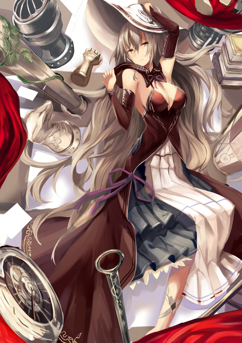 1girl arm_up armpits bare_shoulders breasts brown_dress chess_piece chessboard cleavage detached_sleeves dress frown haik hat highres knight_(chess) large_breasts long_hair looking_at_viewer lying on_back original rook_(chess) silver_hair solo very_long_hair white_hat yellow_eyes