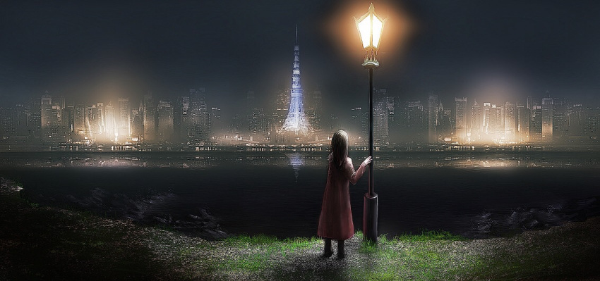 1girl building city_lights cityscape from_behind grass lake lamppost night original reflection scenery solo tokyo_tower volvox819 water