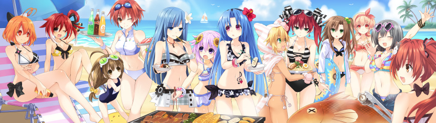 5pb_(choujigen_game_neptune) 6+girls :o ;d absurdres ahoge animal_hood ass bangle beach beach_chair beach_umbrella bell bikini black_eyes blonde_hair blue_hair blush boat bottle bow bowl bracelet breasts broccoli_(choujigen_game_neptune) brown_eyes brown_hair cat_hair_ornament cave_(choujigen_game_neptune) cc_(choujigen_game_neptune) child chopsticks choujigen_game_neptune cleavage closed_eyes clouds collarbone compa corn cyberconnect2_(choujigen_game_neptune) dark_skin drink dual_persona earrings falcom_(choujigen_game_neptune) fish floral_print flower food frilled_bikini frills game_cg glasses_on_head goggles goggles_on_head green_eyes grill hair_bell hair_bobbles hair_flower hair_ornament hair_ribbon hairband halterneck heart heart-shaped_glasses highres holding holding_bottle hood hooded_jacket huge_filesize if_(choujigen_game_neptune) jacket jewelry large_breasts long_hair mages. marvelousaql_(choujigen_game_neptune) meat mole mole_under_eye multicolored_hair multiple_girls mushroom navel necklace neptune_(choujigen_game_neptune) neptune_(series) official_art one-piece_swimsuit one_eye_closed open_mouth orange_eyes orange_hair outstretched_arm palm_tree purple_hair red_(choujigen_game_neptune) redhead ribbon sailboat sausage school_swimsuit short_hair shorts siblings side-tie_bikini side_ponytail sisters sitting small_breasts smile standing standing_on_one_leg swimsuit tail tekken_(choujigen_game_neptune) tongs tray treble_clef tree tsunako twintails two-tone_hair umbrella violet_eyes water watercraft white_hair younger