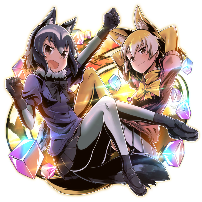 2girls animal_ears arms_behind_head black_bow black_bowtie black_gloves black_hair black_shoes blonde_hair blush bow bowtie brown_eyes clenched_hands common_raccoon_(kemono_friends) fennec_(kemono_friends) fox_ears fox_tail full_body fur_collar gloves grey_hair hair_between_eyes highres kemono_friends looking_at_viewer multicolored_hair multiple_girls orange_legwear pantyhose pink_sweater pleated_skirt raccoon_ears raccoon_tail sandstar shoes short_hair short_sleeves skirt smile sweater tail tom_(drpow) yellow_bow yellow_bowtie