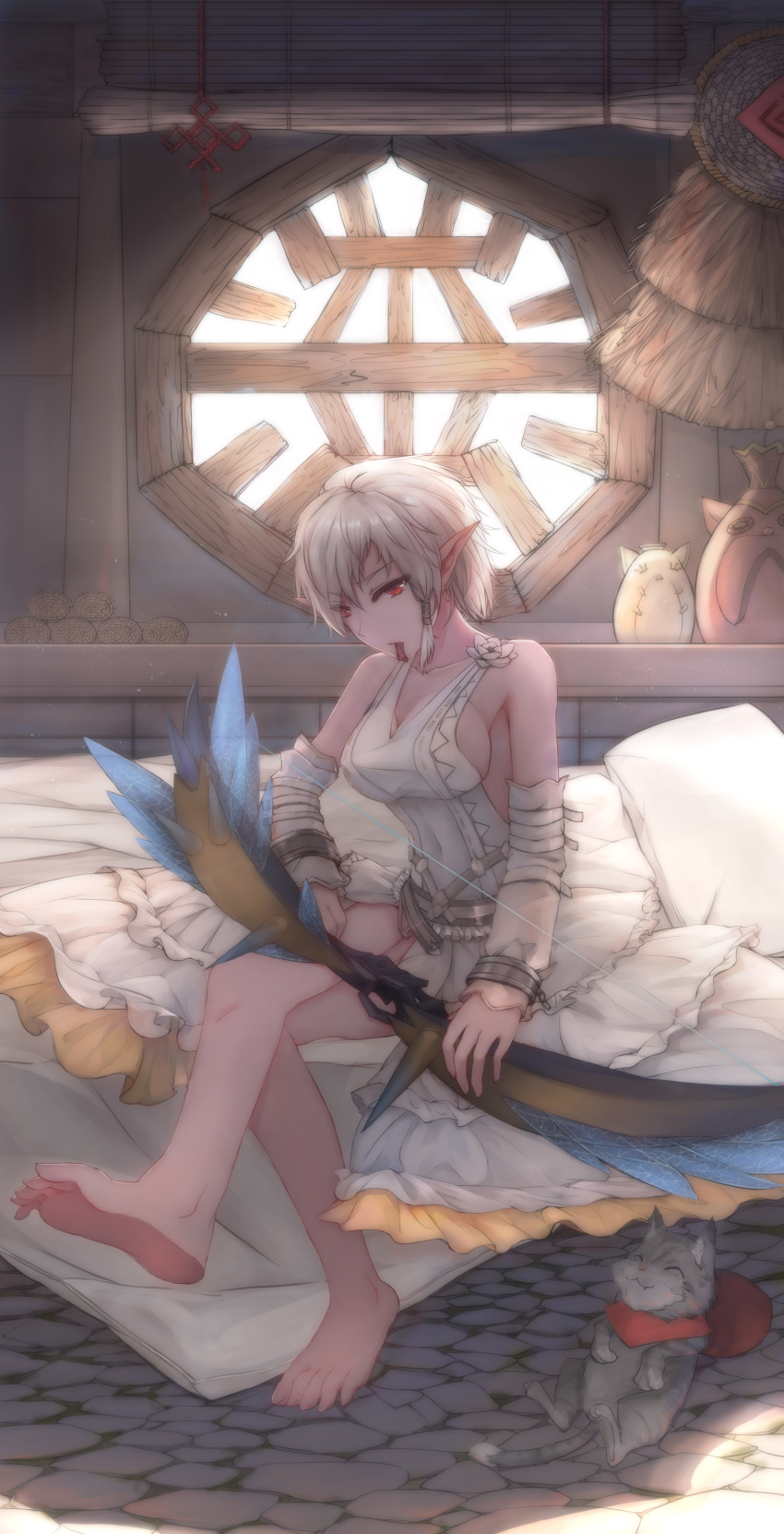 1girl absurdres barefoot bed bow_(weapon) breasts cat cleavage copyright_request dress earrings feet highres jewelry large_breasts legs_crossed pillow red_eyes short_hair solo toes weapon white_hair window yukineko