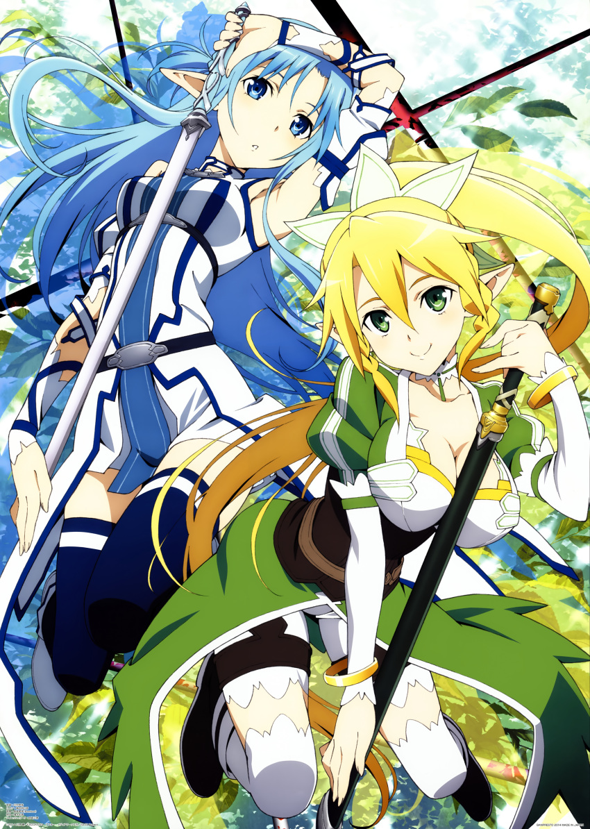 2girls absurdres armpits asuna_(sao) asuna_(sao-alo) belt black_legwear blonde_hair blue_eyes blue_hair breasts cleavage detached_sleeves green_eyes hair_ornament highres holding holding_sword holding_weapon large_breasts leafa long_hair looking_at_viewer multiple_girls pointy_ears ponytail shorts smile sword sword_art_online thigh-highs weapon white_legwear white_shorts