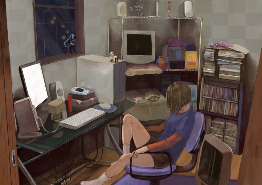 1girl blue_shirt book box brown_hair cable can cardboard_box chair checkered_wall commentary_request computer computer_keyboard computer_mouse danboo desk door figure gennoco glass_table handheld_game_console hatsune_miku head_down highres indoors light long_sleeves monitor mousepad no_shoes office_chair original playstation_portable power_strip shelf shirt short_hair shorts sitting sleeping soda_can solo speaker star table window wooden_floor