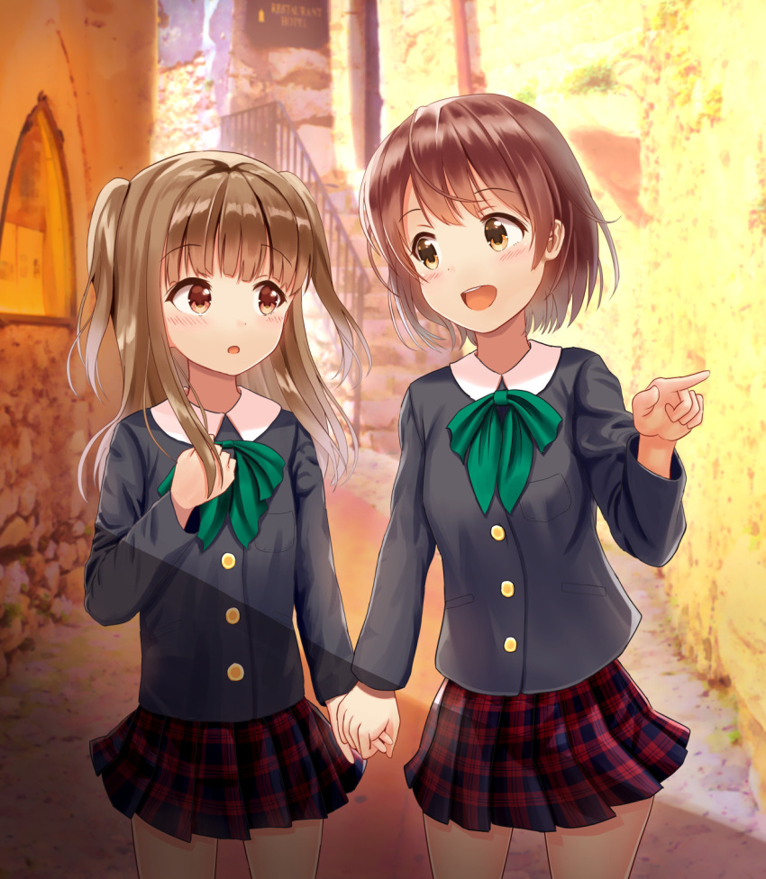 2girls :d bangs black_shirt blush brown_eyes brown_hair commentary_request cowboy_shot day eye_contact eyebrows_visible_through_hair green_neckwear hand_holding hand_on_own_chest highres light_brown_hair long_hair long_sleeves looking_at_another mimikaki_(men_bow) multiple_girls open_mouth original outdoors parted_lips plaid plaid_skirt pleated_skirt pointing railing red_skirt school_uniform shirt sign skirt smile stairs standing stone_stairs two_side_up upper_teeth yuri