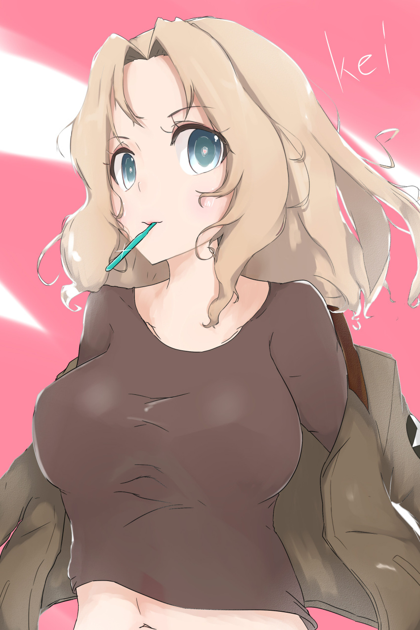 1girl absurdres blonde_hair blue_eyes breasts character_name girls_und_panzer highres jacket jacket_off_shoulders kay_(girls_und_panzer) large_breasts looking_at_viewer messy_hair midriff miyabi_mocchi navel off_shoulder pink_background sketch solo tank_top