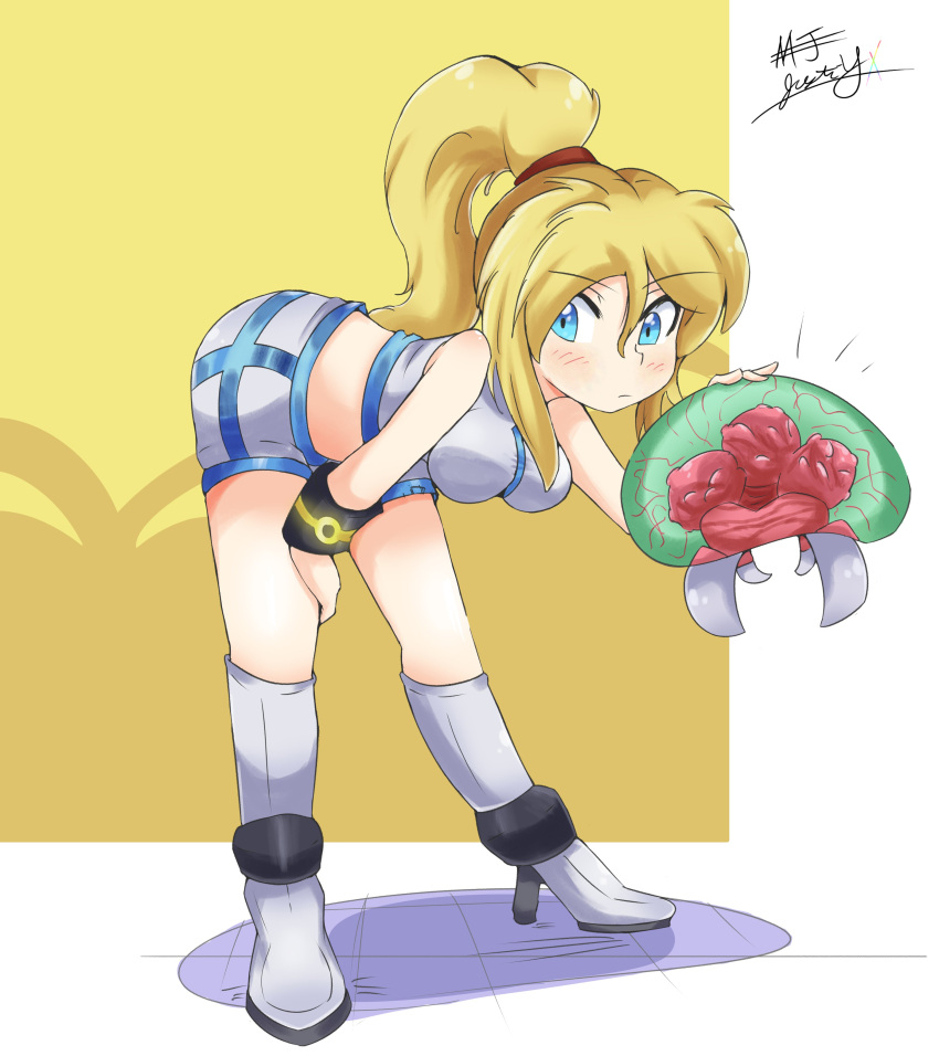 1girl absurdres ass bangs blonde_hair blue_eyes blush breasts high_heels highres long_hair looking_at_viewer metroid metroid_(creature) metroid_dread mole mole_under_mouth ponytail samus_aran shorts simple_background solo sports_bra yamagiwajustin