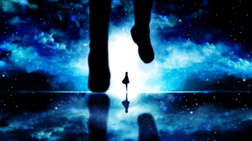 1girl abstract abstract_background clouds cloudy feet female female_focus gradient gradient_background harada_miyuki monochrome night night_sky original outdoors reflection silhouette skirt sky standing stars