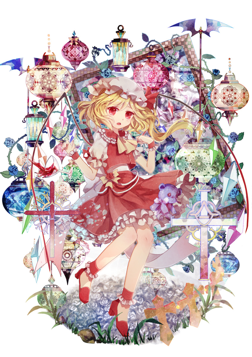 1girl ascot blonde_hair bow collar cross flandre_scarlet frilled_collar frilled_cuffs frilled_sleeves frills full_body hat hat_bow highres looking_at_viewer mob_cap nail_polish open_mouth puffy_short_sleeves puffy_sleeves red_eyes red_nails red_shoes red_skirt red_vest shirt shoes short_sleeves skirt skirt_set solo stuffed_animal stuffed_toy teddy_bear touhou vest white_hat white_shirt wrist_cuffs yasato