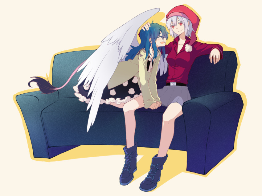 2girls ^_^ blue_hair closed_eyes couch doremy_sweet full_body hand_on_another's_head hat hat_removed headwear_removed highres jacket kishin_sagume ko_kita multiple_girls nightcap open_mouth pom_pom_(clothes) red_eyes short_hair silver_hair sitting skirt smile tail touhou wing_hug wings yuri