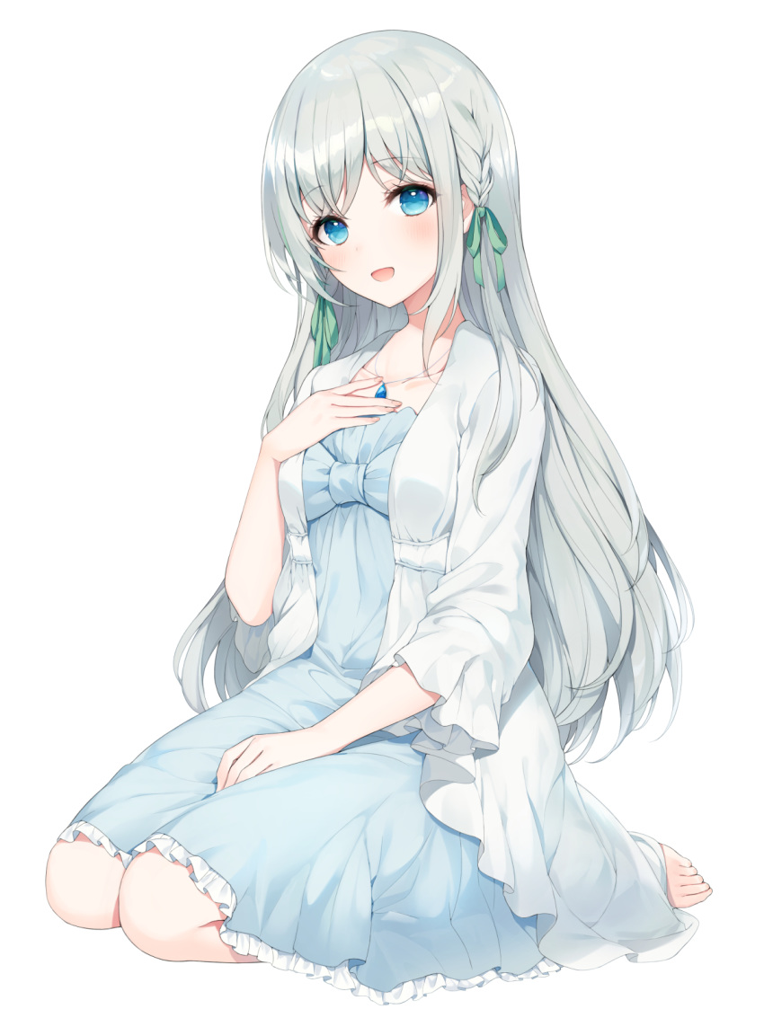 1girl :d a20_(atsumaru) aitsuki_nakuru barefoot blue_eyes dress eyebrows eyebrows_visible_through_hair hair_ornament hair_ribbon hand_on_own_chest highres jewelry long_hair looking_at_viewer necklace official_art open_mouth ribbon seiza sitting smile virtual_youtuber