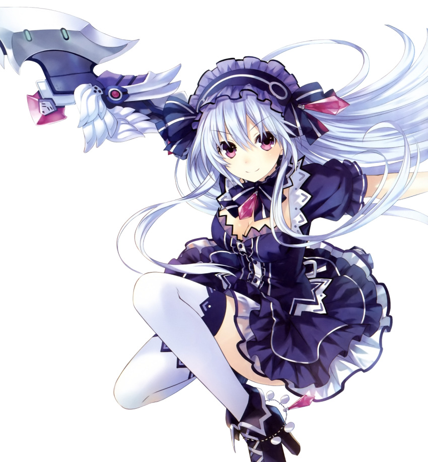 1girl black_dress bow bowtie choker dress fairy_fencer_f frilled_skirt frills gothic_lolita hair_bow hairband highres holding holding_weapon jewelry kneeling lolita_fashion lolita_hairband long_hair looking_at_viewer official_art puffy_short_sleeves puffy_sleeves red_eyes ribbon short_sleeves simple_background skirt smile solo thigh-highs thigh_strap tiara_(fairy_fencer_f) tsunako weapon white_background white_hair white_legwear