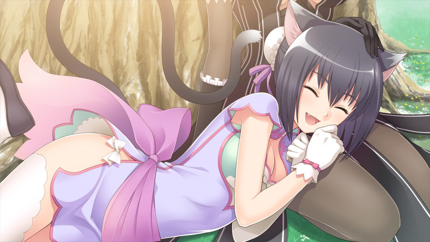 2girls :d ^_^ animal_ears asymmetrical_clothes bare_arms black_gloves black_hair blade_arcus_from_shining bow bowtie breasts brown_clothes brown_dress bun_cover cat_ears cat_tail china_dress chinese_clothes choker cleavage closed_eyes day double_bun dress eyebrows eyebrows_visible_through_hair fang flower frilled_gloves frills fringe game_cg gloves grass hair_between_eyes happy knees_up lap_pillow legs legwear long_sleeves lying lying_on_lap maxima_enfield multiple_girls no_panties open_mouth pantyhose petting purple_clothes ribbon sakuya_(shining_blade) seiza shaomei_rin shining_(series) shining_blade shining_hearts shirt shoes short_dress short_hair sitting smile solo_focus striped striped_dress tail tanaka_takayuki taut_clothes taut_shirt thigh-highs tongue tree white_gloves white_legwear